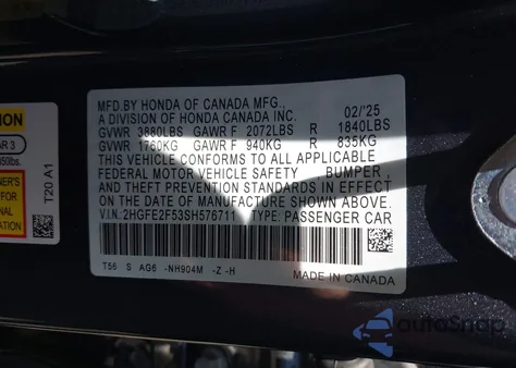 2025 Honda Civic Sport z USA, uszkodzony, nr VIN 2HGFE2F53SH576711